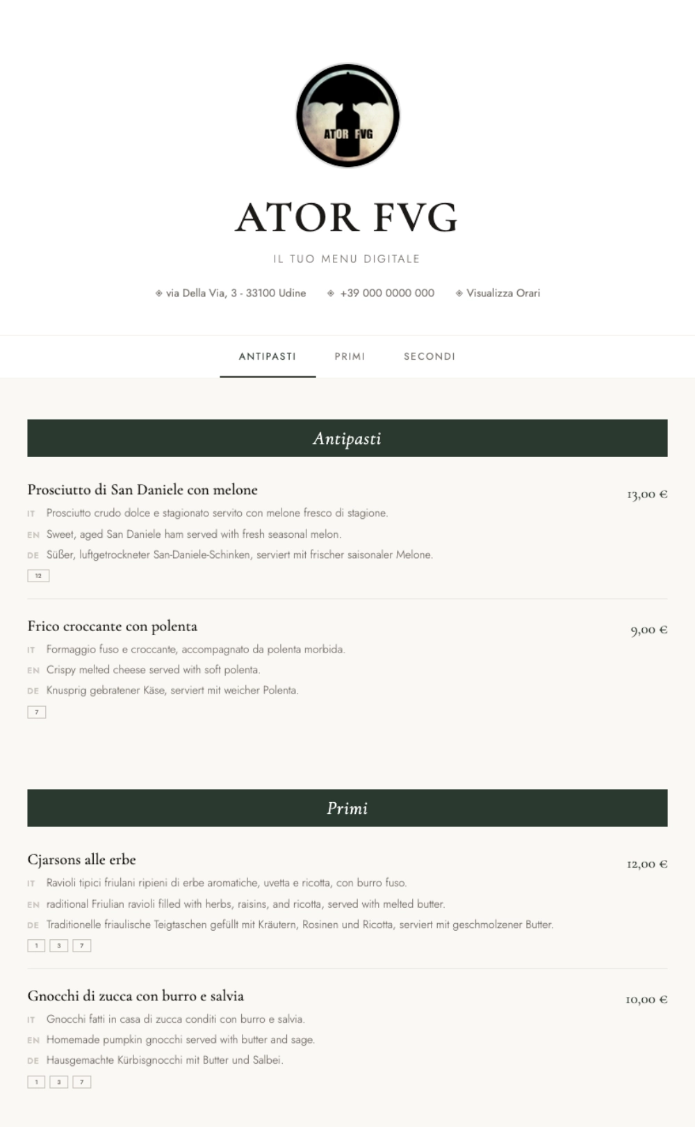 Esempio di menu digitale QR per locale